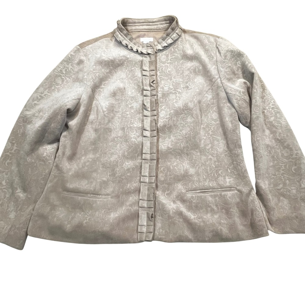 Chicos Beige Corduroy Damask Ruffle Jacket Snap Front Womens Size 3 Large